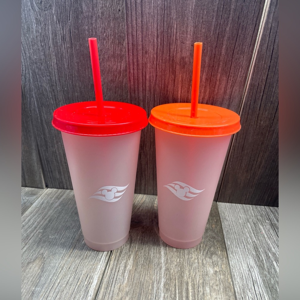2x’s Disney Cruise Line Personal Refillable Cups W/Straws Red & Orange 24 fl oz